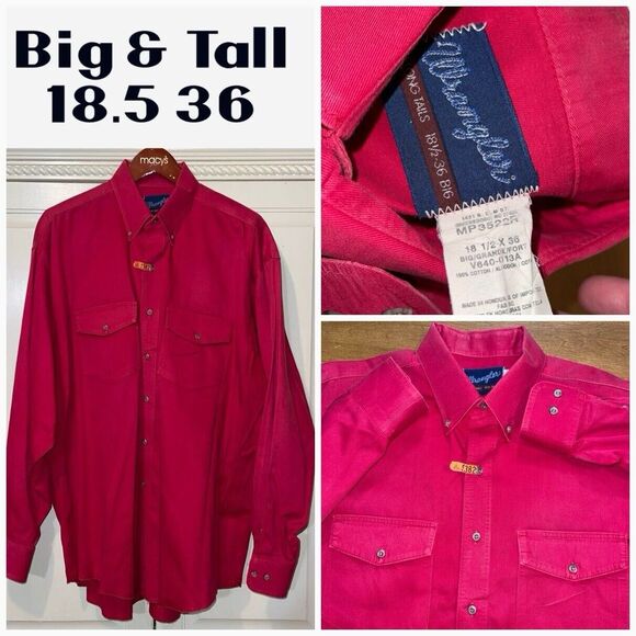 Wrangler Shirt Men‎ 18.5 36 Big Red Vintage Long Sleeve Brushpopper